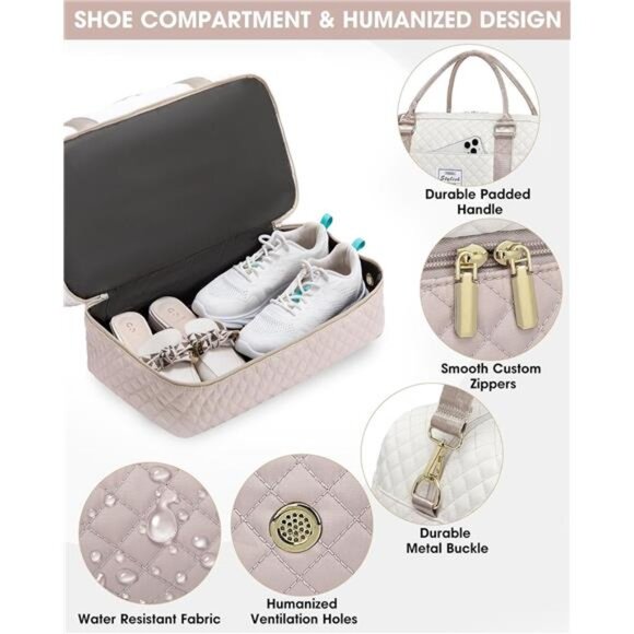 Beige travel duffle bag women weekender overnight tote carry on bag with shoes - Picture 5 of 7